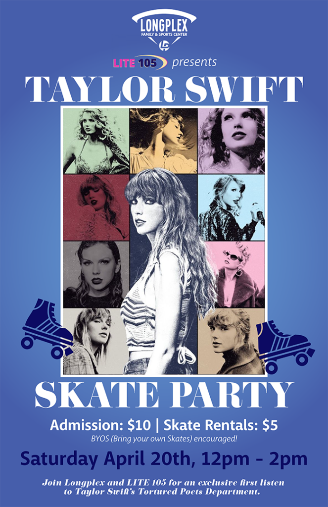 flyer for taylor swift skate party at longplex sports center
